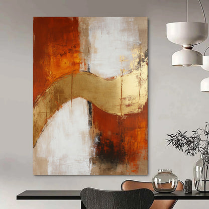 Large contemporary hand-painted abstract artwork featuring beige and rust hues, elegantly accented with gold details. DLZ0726