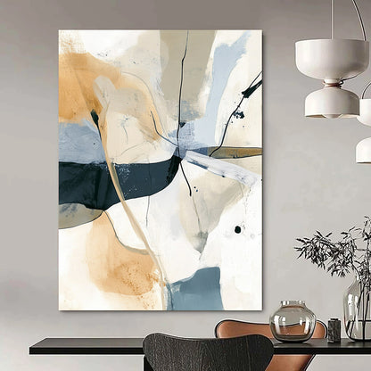 Contemporary hand-painted abstract artwork featuring soft lines and shapes in beige and gray with striking black splashes for a modern aesthetic. DLZ0285