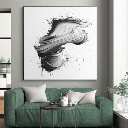 Black & Gray Swirled Brushstrokes on White - “Textured Ink Flow” Painting On Canvas HB220