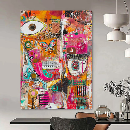Vibrant contemporary abstract painting featuring joyful collage of musical notes fabric scraps paint splatters and geometric forms celebrating creativity and expression. DLZ0948