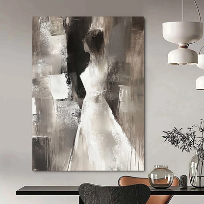 Contemporary abstract painting featuring a female figure in neutral tones, elegant brush strokes, and a mysterious atmosphere against a dark background. DLZ0668