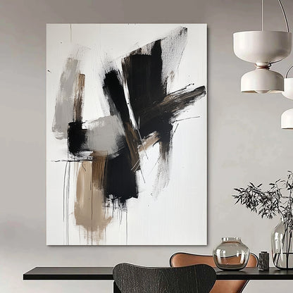 Contemporary hand-painted abstract artwork features bold black shapes with brown tones and white accents on a sleek neutral backdrop. DLZ0316