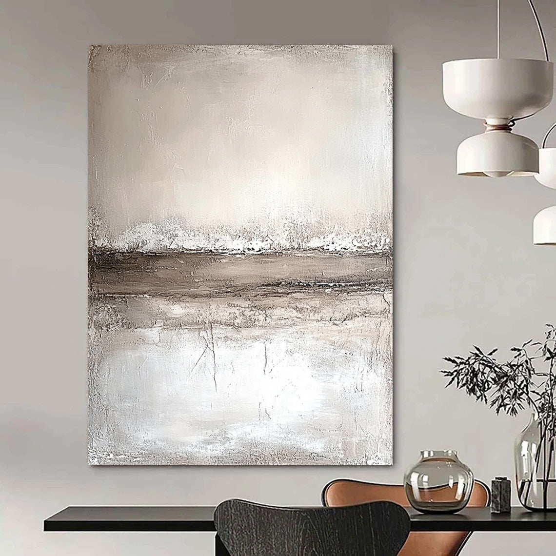 Abstract painting featuring neutral tones in faded beige and white with horizontal lines and a textured background on a large canvas in minimalist style. DLZ0559