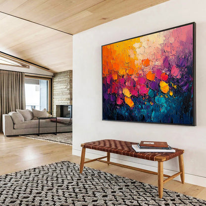 “Blossom Burst” - Vivid oranges, pinks, purples, blue - greens; Thick - textured flower fields; Impasto Landscape Painting On Canvas HB1146