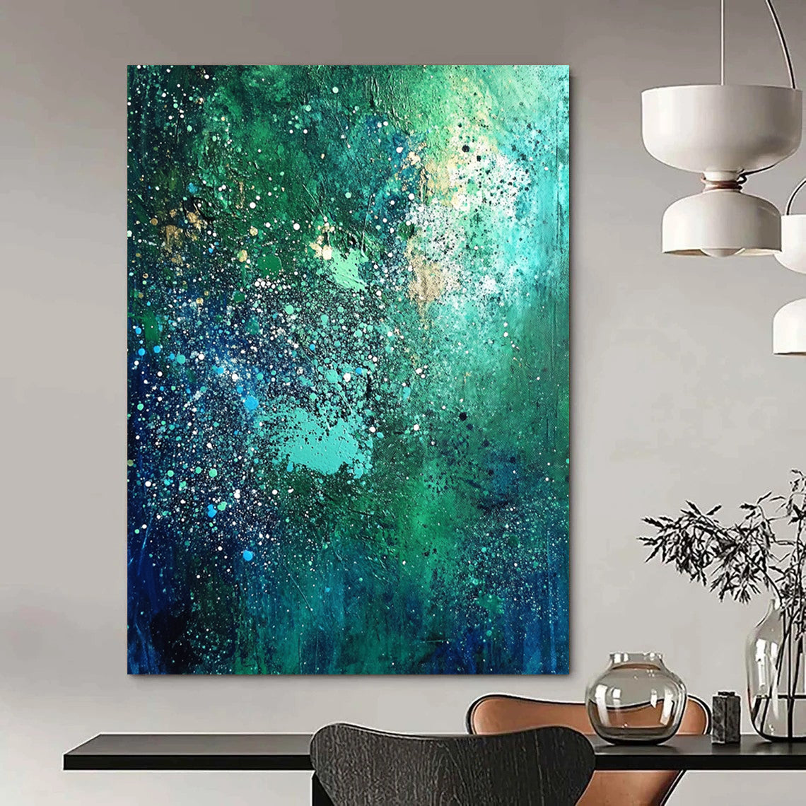 Contemporary abstract artwork in vibrant blues and greens adorned with white speckles and shimmering stars, perfect for elevating any space. DLZ0530
