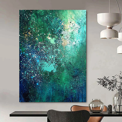 Contemporary abstract artwork in vibrant blues and greens adorned with white speckles and shimmering stars, perfect for elevating any space. DLZ0530