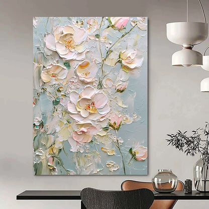 Contemporary hand-painted abstract art featuring light pink and white flowers on a gray background with thick impasto texture and a dreamy atmosphere. DLZ1669