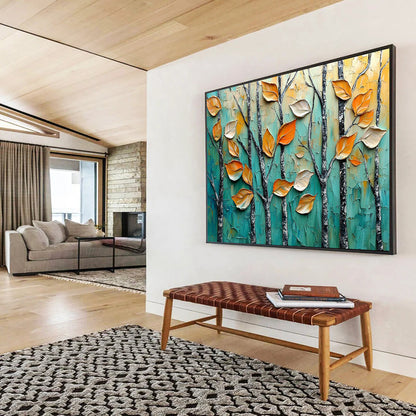“Autumn Trees in Relief” - Teal, Orange, Textured Leaves & Trees Painting On Canvas HB0729