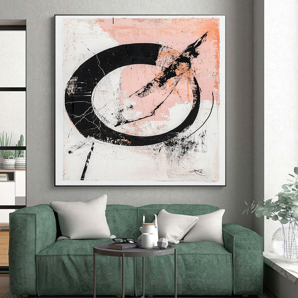 Black, White, Pink, Textured Circle "Blush Enso" Abstract Zen - Inspired Painting On Canvas HB091