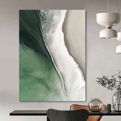 Contemporary hand-painted abstract artwork featuring a stunning beach scene with flowing water in white and green colors, capturing cinematic details and natural lighting. DLZ0840