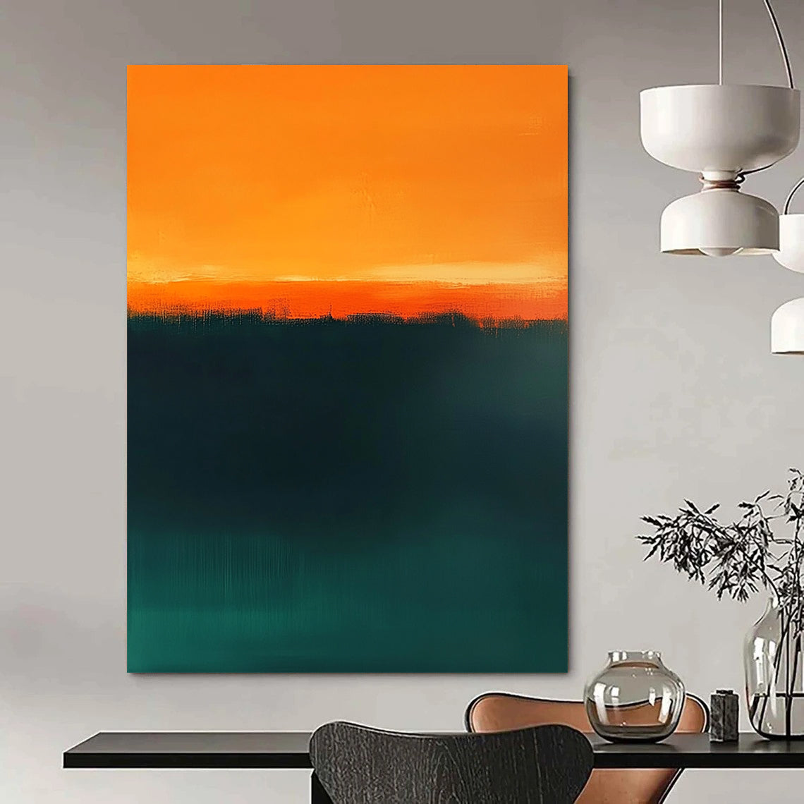 Contemporary hand-painted abstract art featuring dark green and orange tones with a tranquil teal gradient and warm amber horizon line for serene beauty. DLZ1384