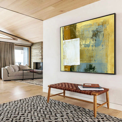“Textured Gold - Blue Square” - Layered gold and blue with a raw - edged white square, Mixed - Media Abstract Painting On Canvas HB0541