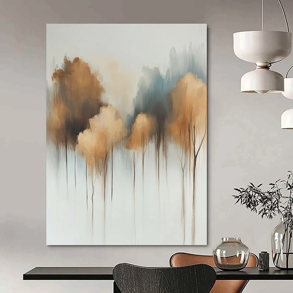 Contemporary abstract painting featuring soft watercolor trees on a white background with muted tones and dreamy light bronze and gray-blue floral accents. DLZ0662