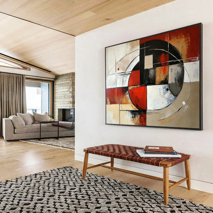 “Circular Geometric Abstract” - Red, black, white, beige, gray; Circular and linear geometric abstract; Acrylic Painting On Canvas HB1242