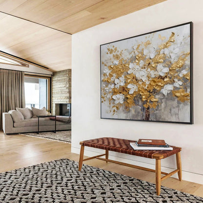 Gold & White Flower Tree - Elegant Living Room or Bedroom Art DLZ246