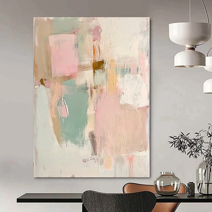 Contemporary hand-painted abstract artwork featuring soft pinks greens and whites highlighting textured beige paper with faded pastel shapes and forms. DLZ1062