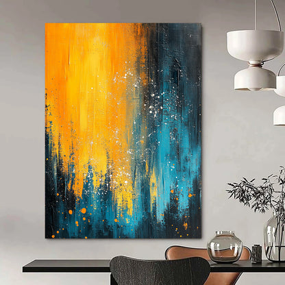 Contemporary abstract painting featuring blue and yellow hues with organic white splashes evokes nature's essence through fluid movement and depth. DLZ0353
