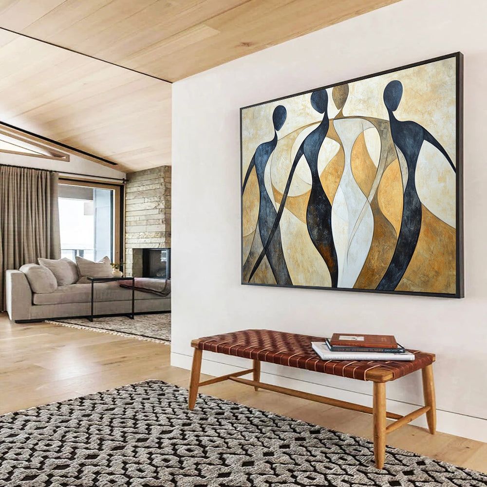 “Abstract Figures” - Black, white, beige, Abstract Figurative Painting HB0637
