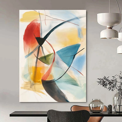 Contemporary hand-painted abstract artwork features soft pastels and geometric shapes with dynamic brushwork and layered depth for a striking visual experience. DLZ1393