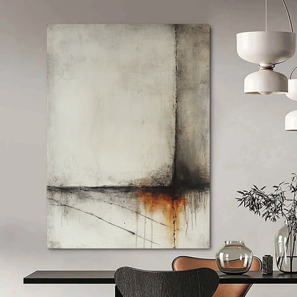 Contemporary abstract artwork featuring a misty ocean scene in light gray and amber tones with minimalistic dry brush techniques and hints of rusted metal. DLZ1004