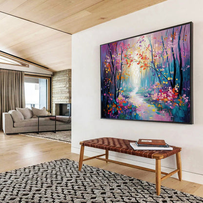 “Colorful Enchanted Forest Path” - Purple, Pink, Yellow, Blue, Flower - Lined Path - Whimsical Oil Painting HB1700