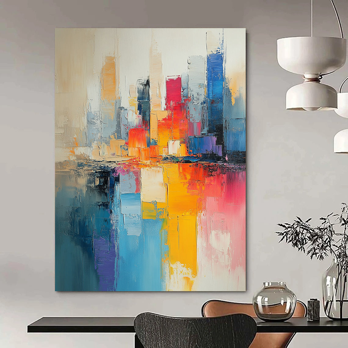 Contemporary hand-painted abstract art featuring a cityscape in muted beige and light blue tones with vibrant pinks yellows and expressive brushstrokes. DLZ0591