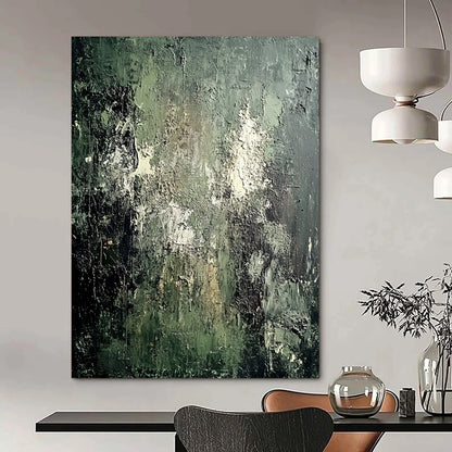 Contemporary hand-painted abstract artwork featuring a textured mossy green wall with peeling paint and a contrasting dark gray background. DLZ0582