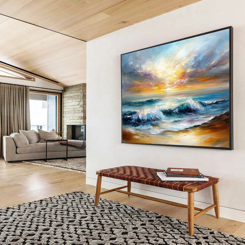Dynamic Sea Waves Under Colorful Sky - Expressive Impasto Seaside Painting On Canvas HB0443