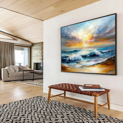 Dynamic Sea Waves Under Colorful Sky - Expressive Impasto Seaside Painting On Canvas HB0443
