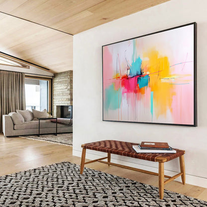 “Color Burst Center” - Pink, Yellow, Blue, Orange, Abstract Expressionist Painting On Canvas HB1062