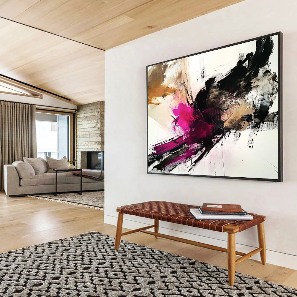 “Bold Pink Black Abstract” - Pink, Black, Beige with Dramatic Strokes - Painting On Canvas HB1372