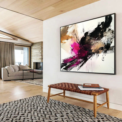 “Bold Pink Black Abstract” - Pink, Black, Beige with Dramatic Strokes - Painting On Canvas HB1372
