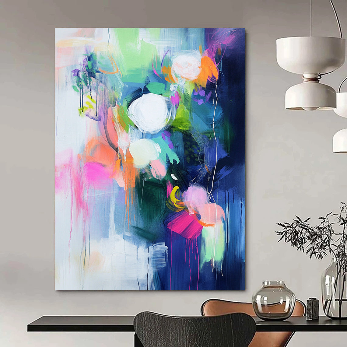 Large contemporary hand-painted abstract art with bright colors bold brushstrokes vibrant shapes and soft lighting creating emotional depth and atmosphere. DLZ1029