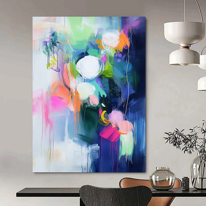 Large contemporary hand-painted abstract art with bright colors bold brushstrokes vibrant shapes and soft lighting creating emotional depth and atmosphere. DLZ1029