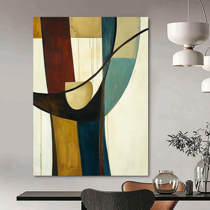 Large contemporary hand-painted abstract art featuring vertical lines, a circular shape, and curved elements in earthy tones of brown and blue-green. DLZ1395
