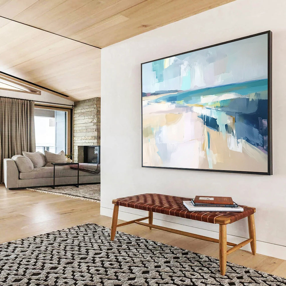 “Abstract Beach Day” - Blue, white, yellow, gray; Soft blocks mimic a hazy seaside; Minimalist Coastal Acrylic Painting On Canvas HB1175