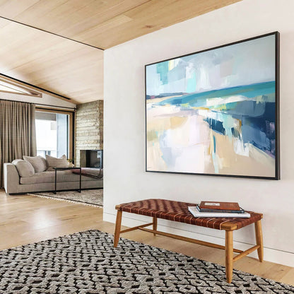 “Abstract Beach Day” - Blue, white, yellow, gray; Soft blocks mimic a hazy seaside; Minimalist Coastal Acrylic Painting On Canvas HB1175