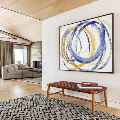 “Blue - Yellow Circular Rhythms” - Blue, Yellow, Circular Strokes Painting On Canvas HB0766