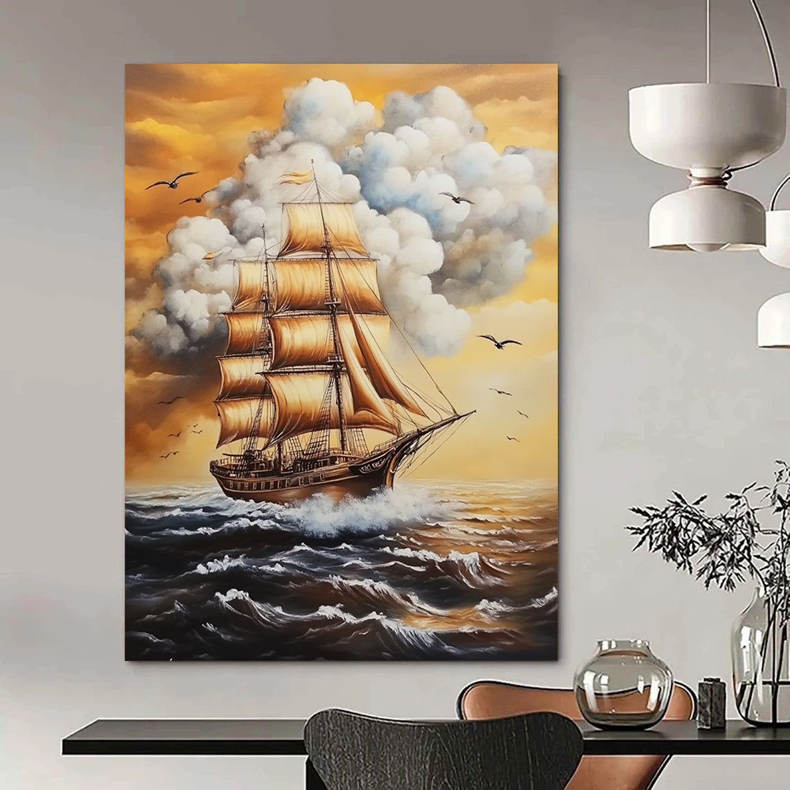 Contemporary hand-painted abstract art featuring a tall ship, white clouds, and birds, evoking a vintage nautical atmosphere. DLZ1477