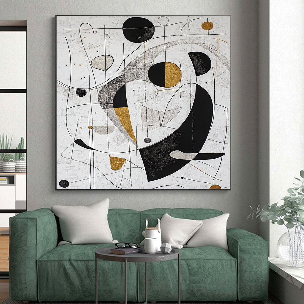 White, Black, Gold, Silver, Geometric Swirls "Gilded Geometry" Abstract Modernist Painting On Canvas HB089
