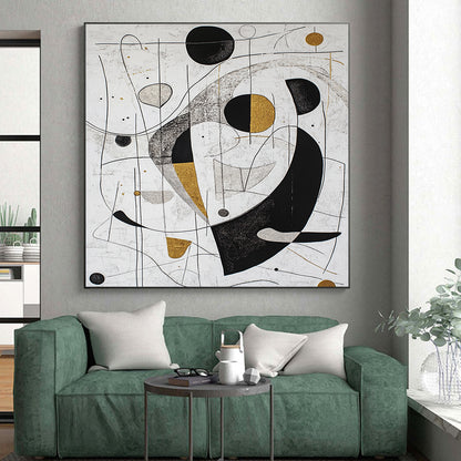 White, Black, Gold, Silver, Geometric Swirls "Gilded Geometry" Abstract Modernist Painting On Canvas HB089