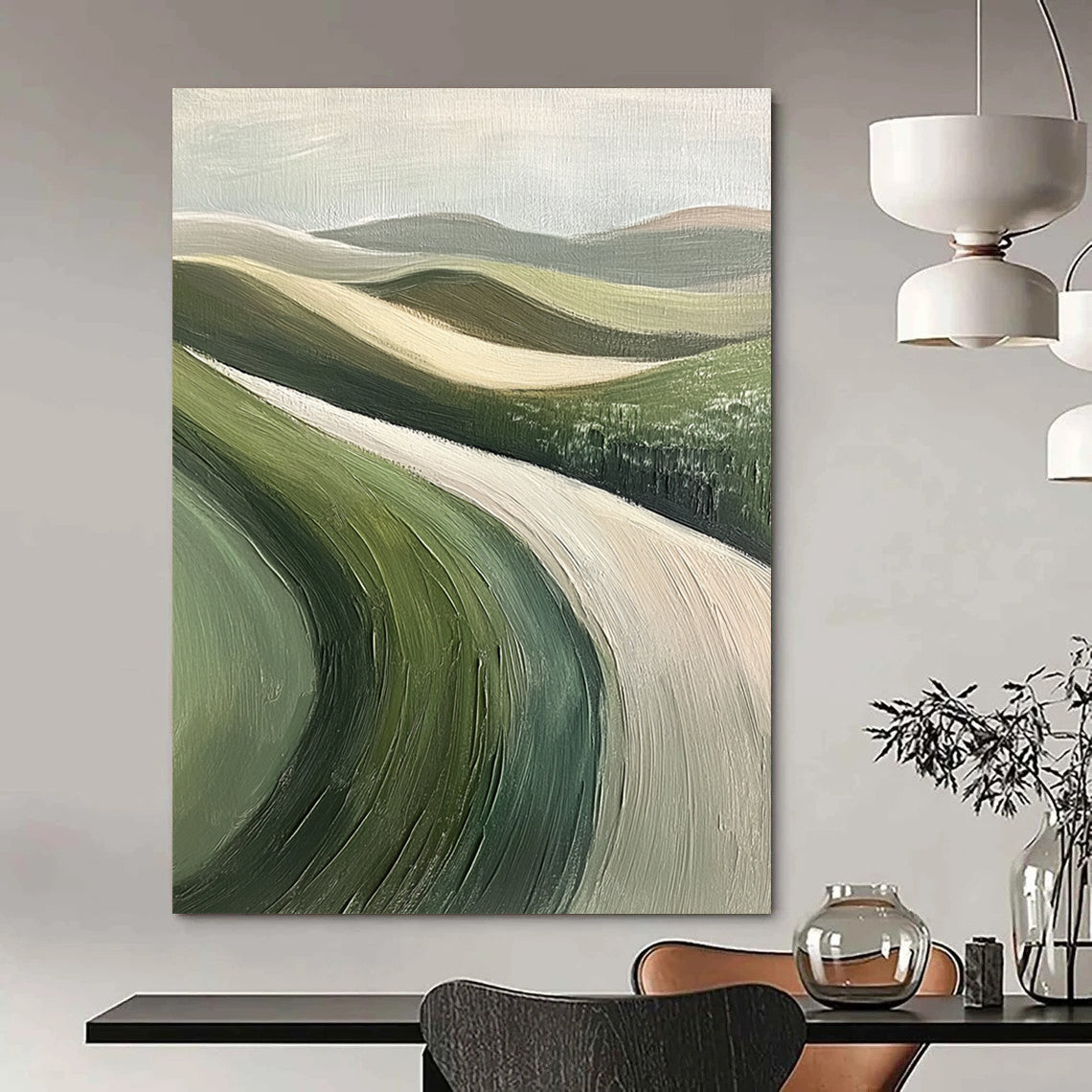 Contemporary hand-painted abstract art featuring rolling green hills, textured brushstrokes, muted colors, soft focus, and a minimalist impressionist style. DLZ1107