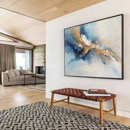 “Dynamic Gold - Blue - Gray Abstract Splash” - Gold, Blue, Gray, White, Energetic Splashes Painting On Canvas HB0824