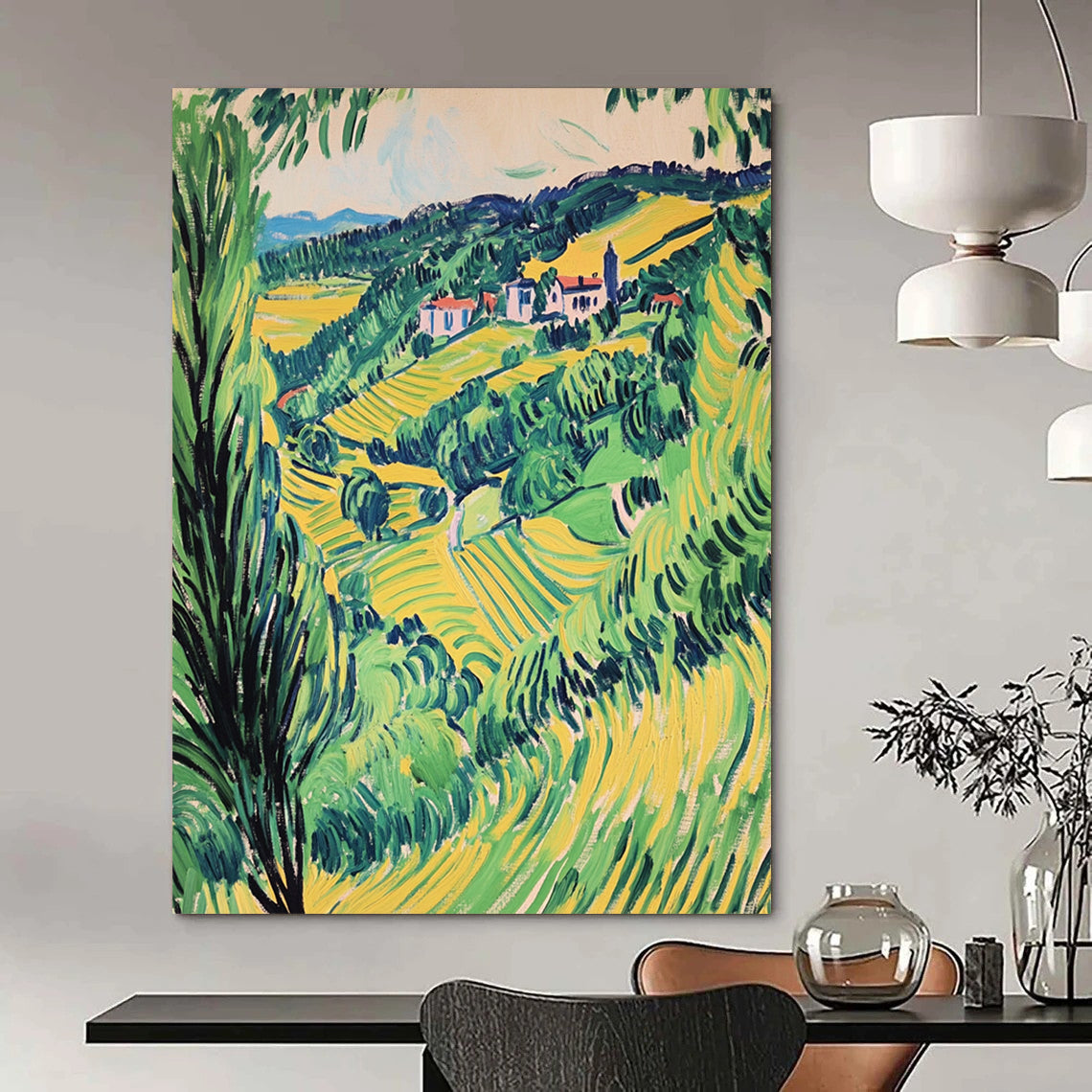 Contemporary hand-painted abstract artwork capturing a vibrant Valençay valley in green and yellow hues, showcasing a vintage style elegance. DLZ1692