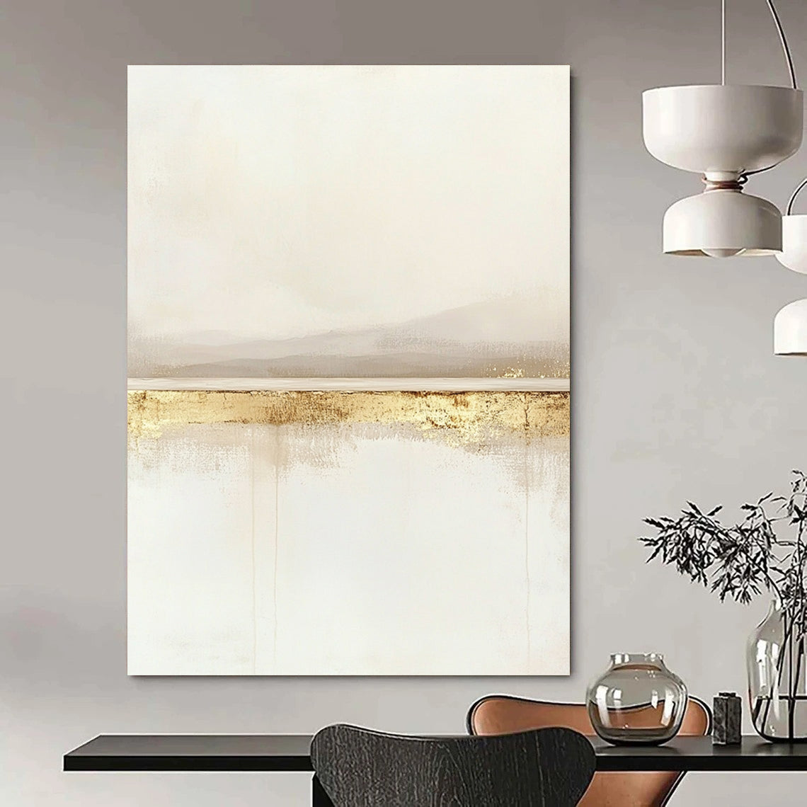 Large contemporary abstract painting featuring a serene horizon line in soft whites and beiges with subtle gold accents for a tranquil feel. DLZ1323