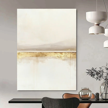 Large contemporary abstract painting featuring a serene horizon line in soft whites and beiges with subtle gold accents for a tranquil feel. DLZ1323