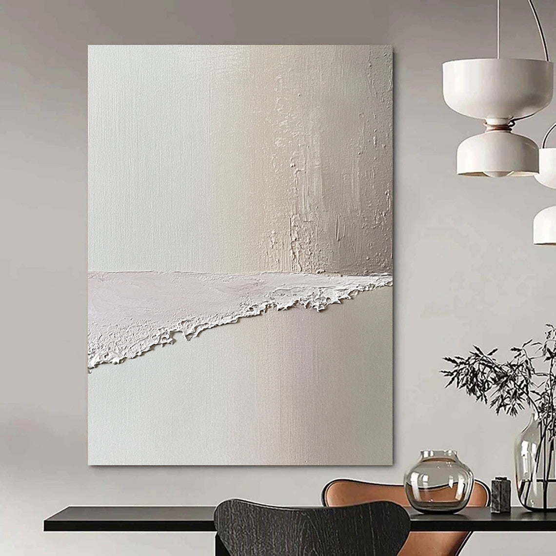 Contemporary abstract art featuring a serene beach scene in soft pastel pinks and whites evokes tranquility with textured oil paint aesthetics. DLZ1358