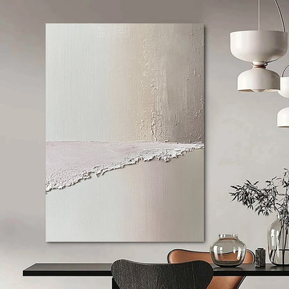 Contemporary abstract art featuring a serene beach scene in soft pastel pinks and whites evokes tranquility with textured oil paint aesthetics. DLZ1358