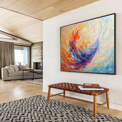 “Colorful Feather - like Abstract” - Yellow, Orange, Red, Blue, Purple with Feather Shapes - Painting On Canvas HB1395