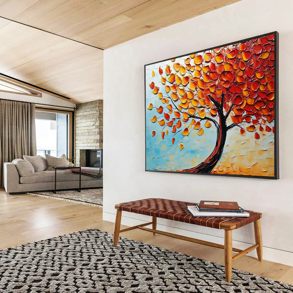 “Textured Autumn Tree” - Orange, Yellow, Red Leaves, Blue Sky, Palette Knife Landscape Painting On Canvas HB1100